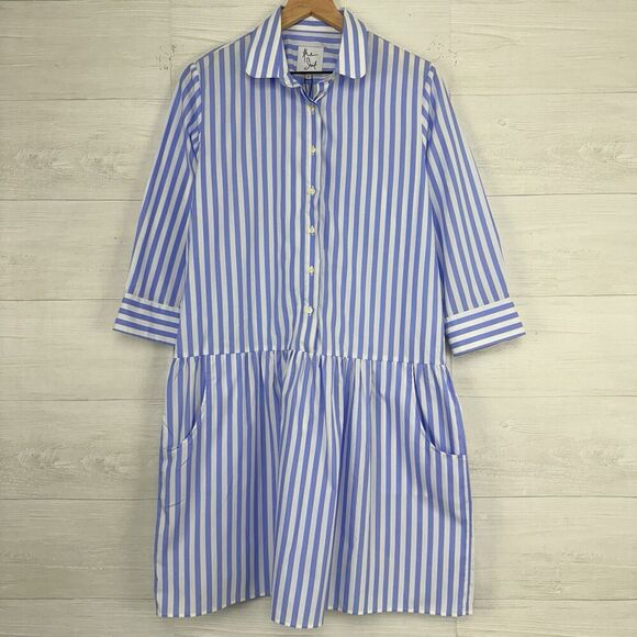 Tuckernuck The Shirt by Rochelle Behrens L Drop Waist Shirt Dress Striped Blue - Picture 7 of 16